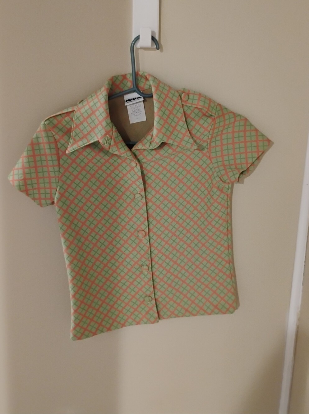 Vintage 1990s Does 1970s Nistka Plaid Button Down Short Sleeve Polyester Top